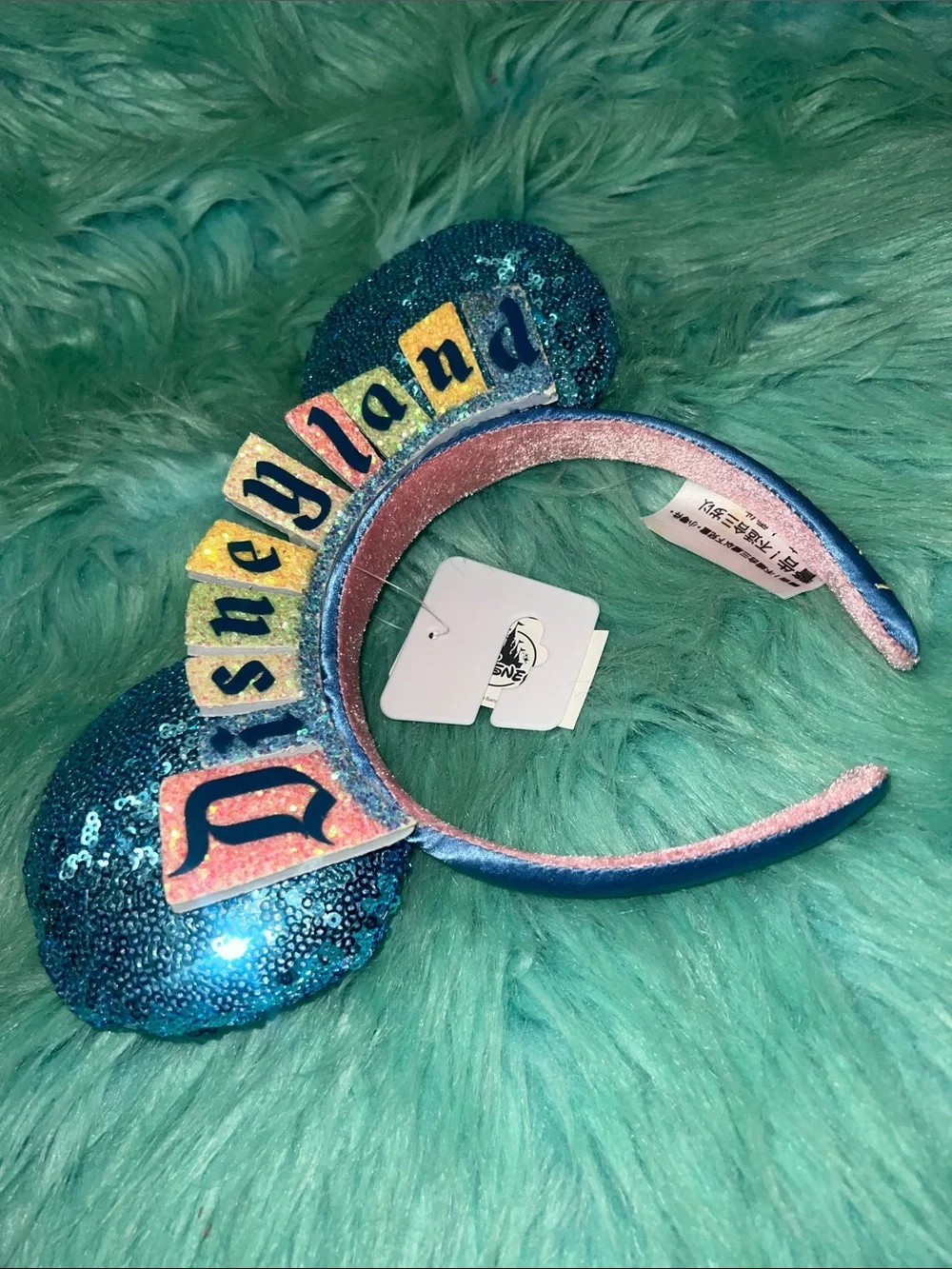 NWT Disney Teal Sequin marquee Minnie Ear Headband Happiest Place On Earth